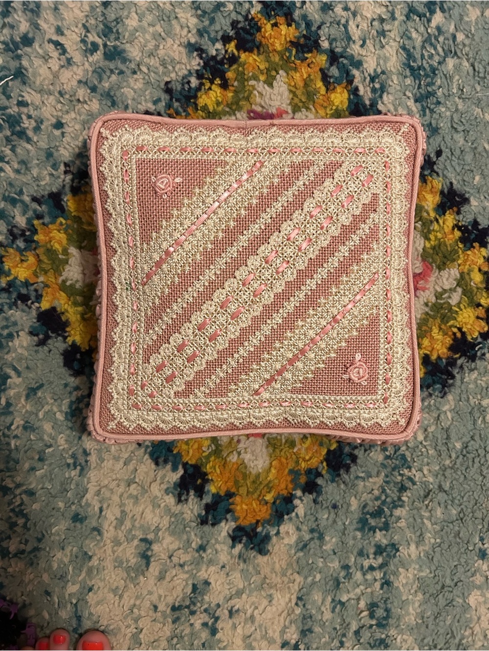 Vintage Pink Needlepoint Decorative Pillow